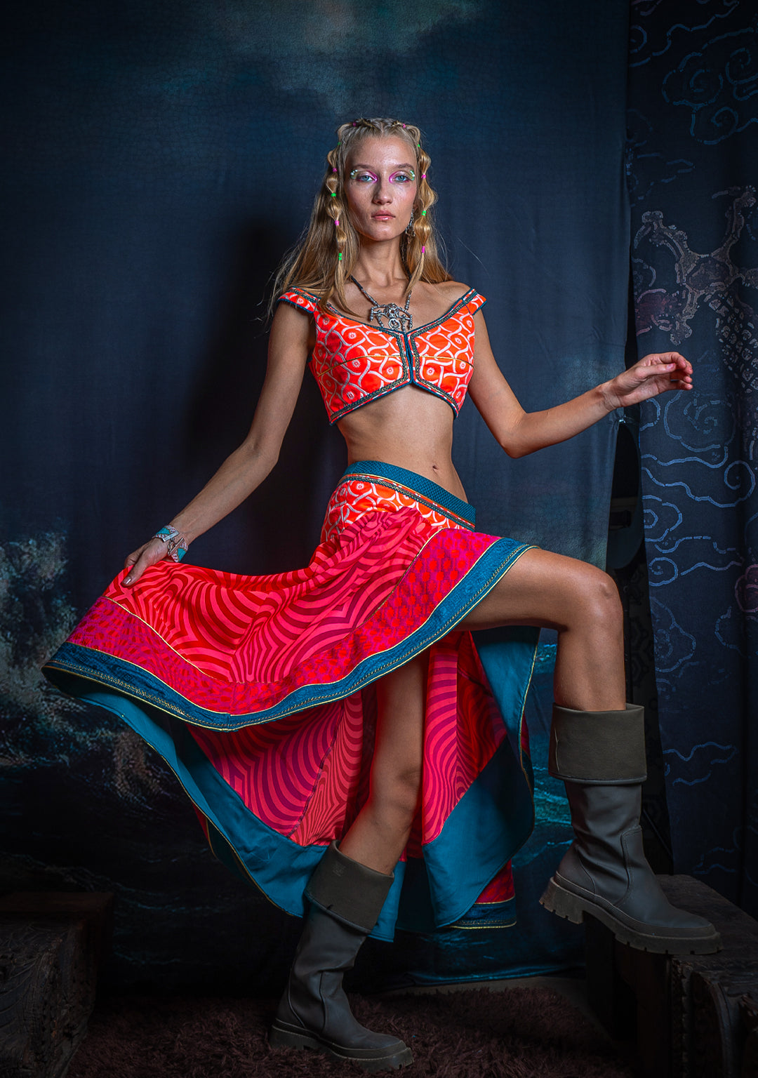 Choli & Skirt Woman Combo / Jaquard & Voile - PINKORANGE MADNESS